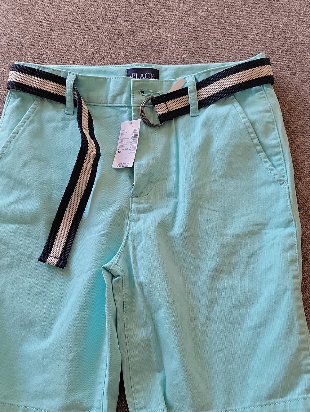The Children's Place Mint Chino Shorts with Navy & Cream Stripe Belt